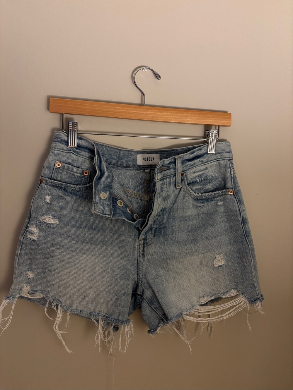 Pistola high rise heavily distressed light wash denim shorts size 25